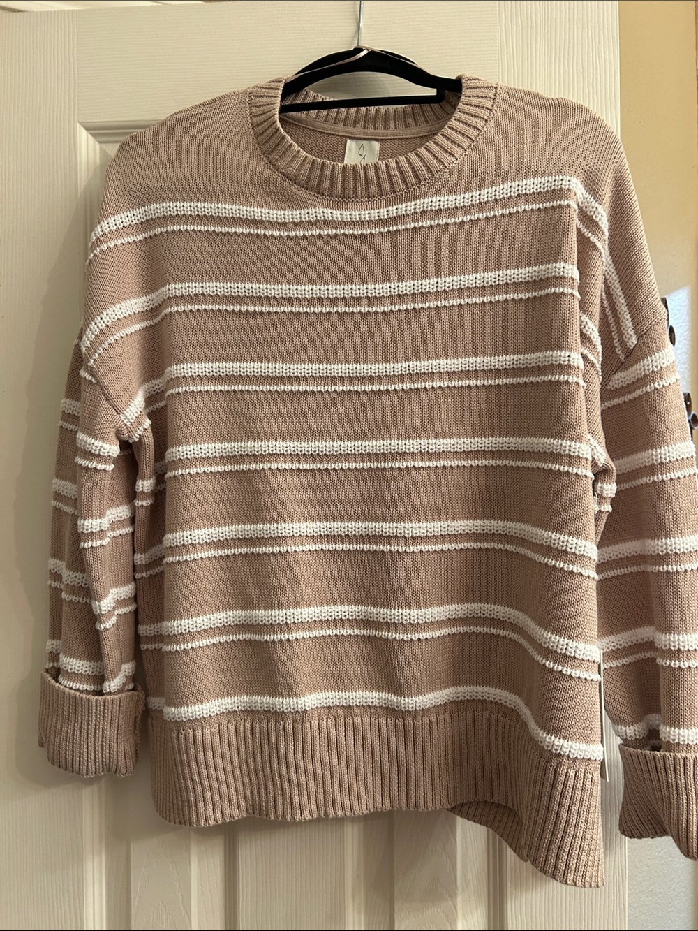 Joie Taupe and White Striped Crewneck Sweater